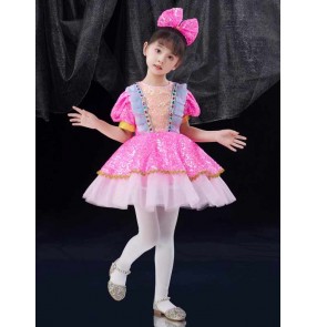 Children's Pink sequins jazz dance princess dresses tutu skirts for Girls Preschool Kindergarten chorus dance performance outfits for toddlers